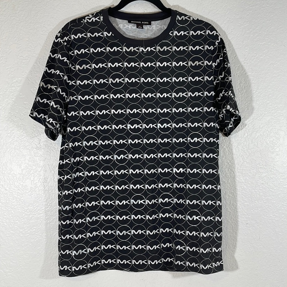 Michael Kors Mens Monogram Logo Contrast Short Sleeve Tee Black White Size M